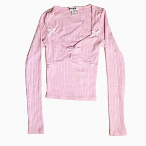 RSQ Women’s Long Sleeve Shirt Pointelle Bow Cinch Top Pink - Size XS Extra Small